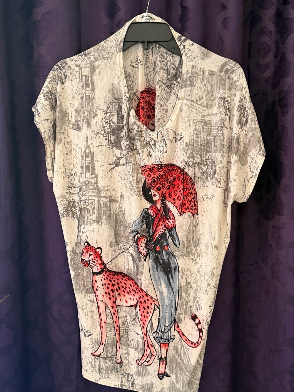 Almost Famous White Graphic Tunic with Pink/Red Leopard Print Accents